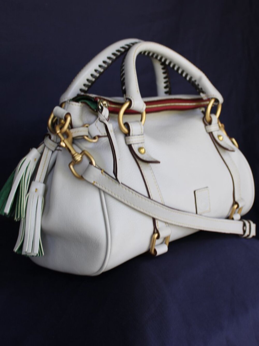 Dooney & Bourke bone light gray satchel leather Florentine tassel purse - Picture 4 of 11